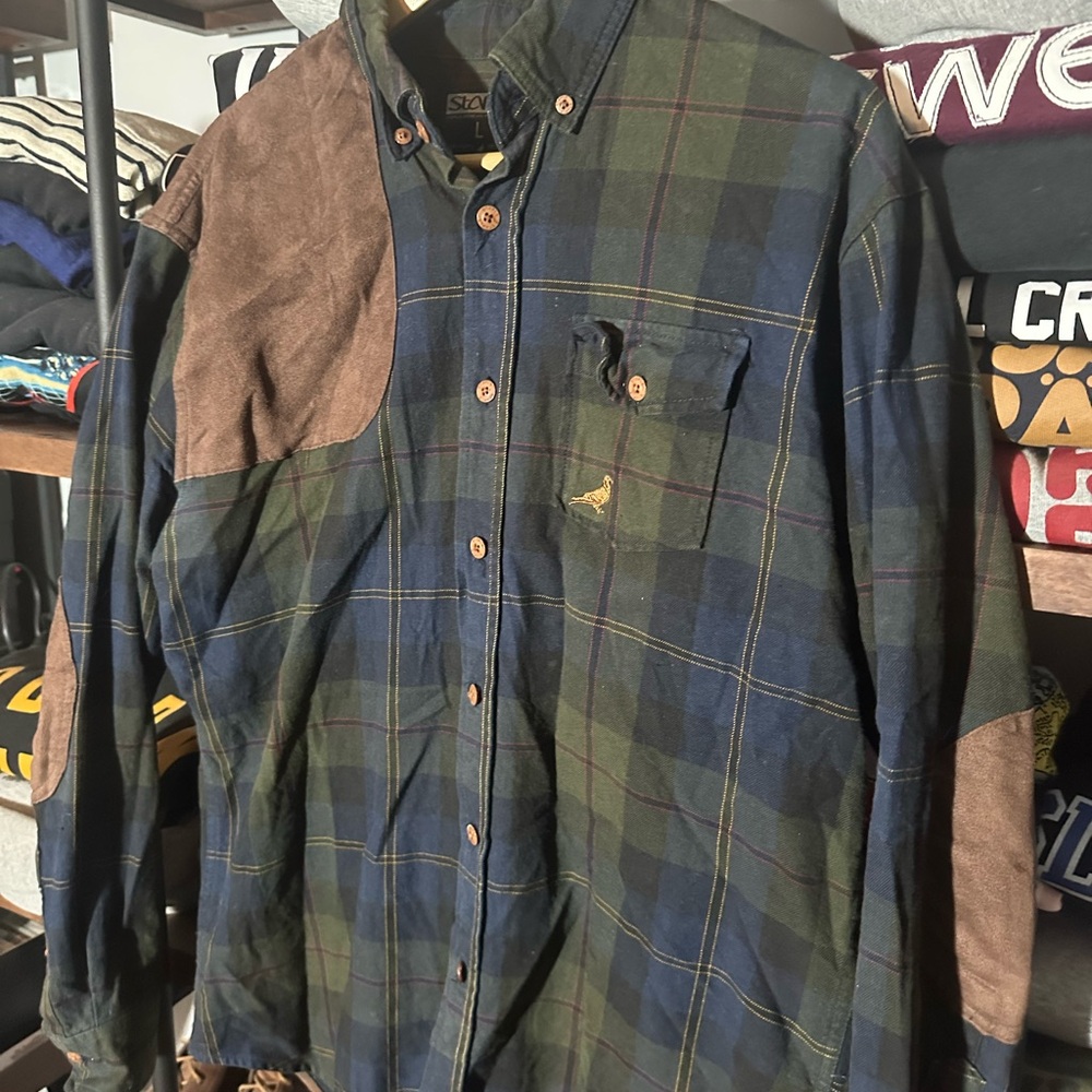 Plaid Button-Up Shirt with Suede Accents